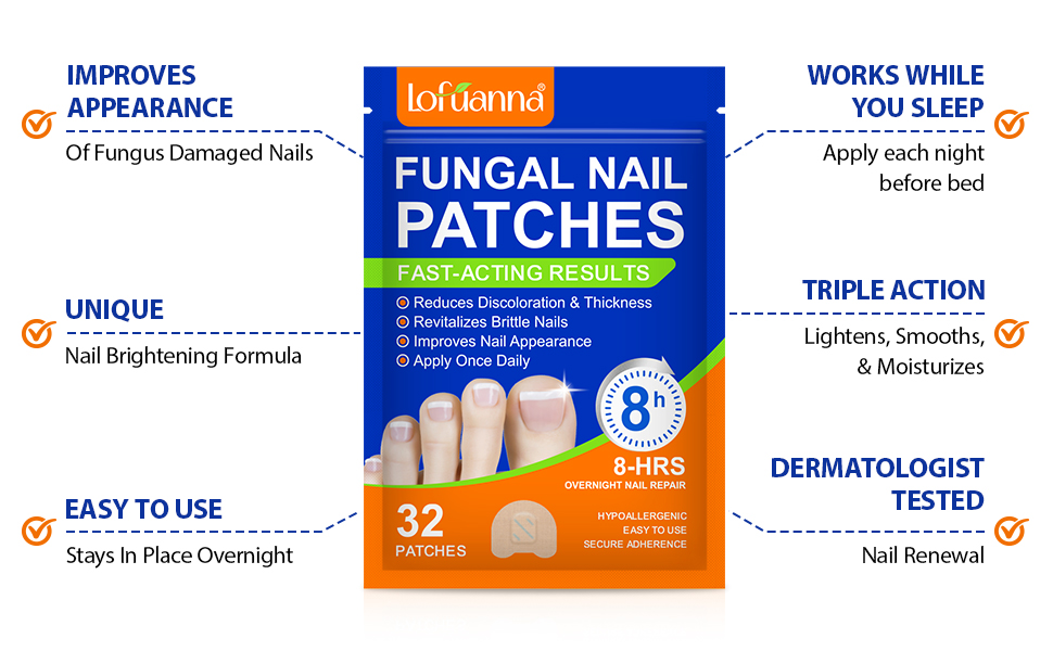 Text reads 'FUNGAL NAIL PATCHES', 'IMPROVES APPEARANCE', 'UNIQUE', 'EASY TO USE', 'WORKS WHILE YOU SLEEP', 'TRIPLE ACTION', '32 PATCHES', '8 WEEK SUPPLY'. Medical product packaging in blue and orange.