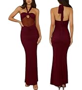 Women's Sexy Halter Backless Maxi Dress Mesh Patchwork Hollow Out Sleeveless Bodycon Ruched Cockt...