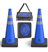RoadHero 28 Inch Collapsible Traffic Safety Cones with Black Weighted Base, Construction Blue Con...