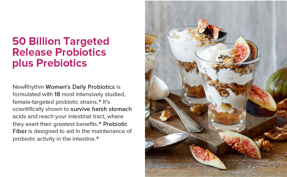 NewRhythm Women’s Daily Probiotics with Prebiotics survives stomach acids and bile.*