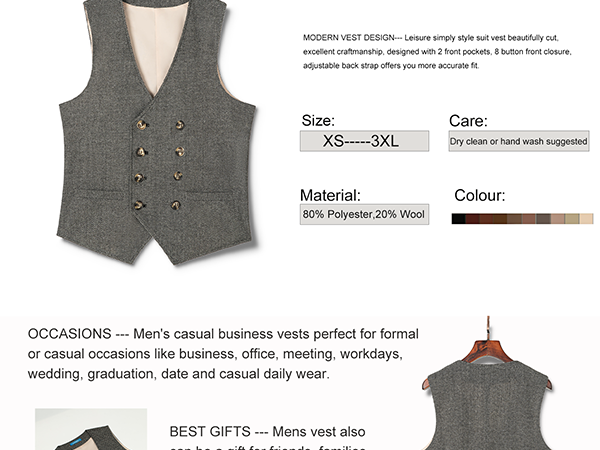 SevenBoy Men's Tweed Dress Vest Double Breasted Wool Suit