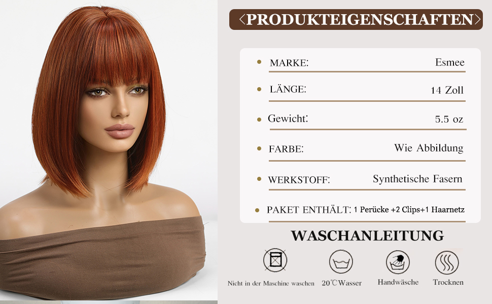 Esmee Kurze Gerade Auburn Bob Perücken mit Fransen