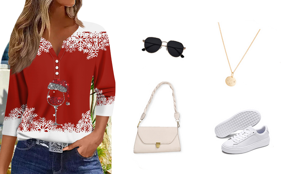 Christmas Shirts for Women Winter 3/4 Sleeve Xmas Tops henley shirt Holiday Party blouses