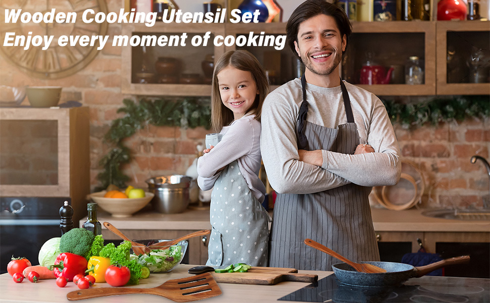 wooden cooking kitchen utensil set