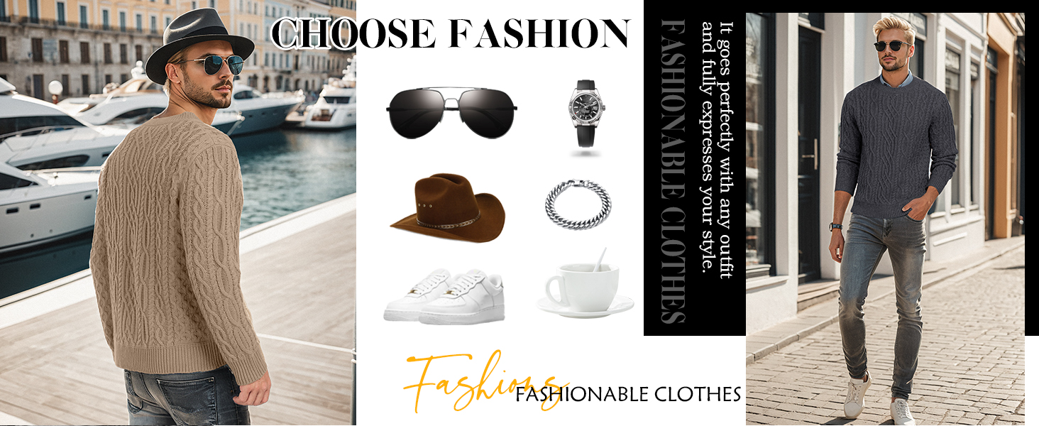 Fashion collage featuring men's clothing and accessories: cable-knit sweater, sunglasses, watch, hat, sneakers, and two men modeling casual outfits against urban backgrounds.