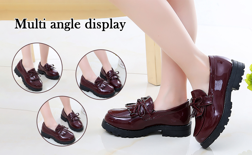 Girls Slip On Leather Loafer Tassel Bow School Dress Shoes
