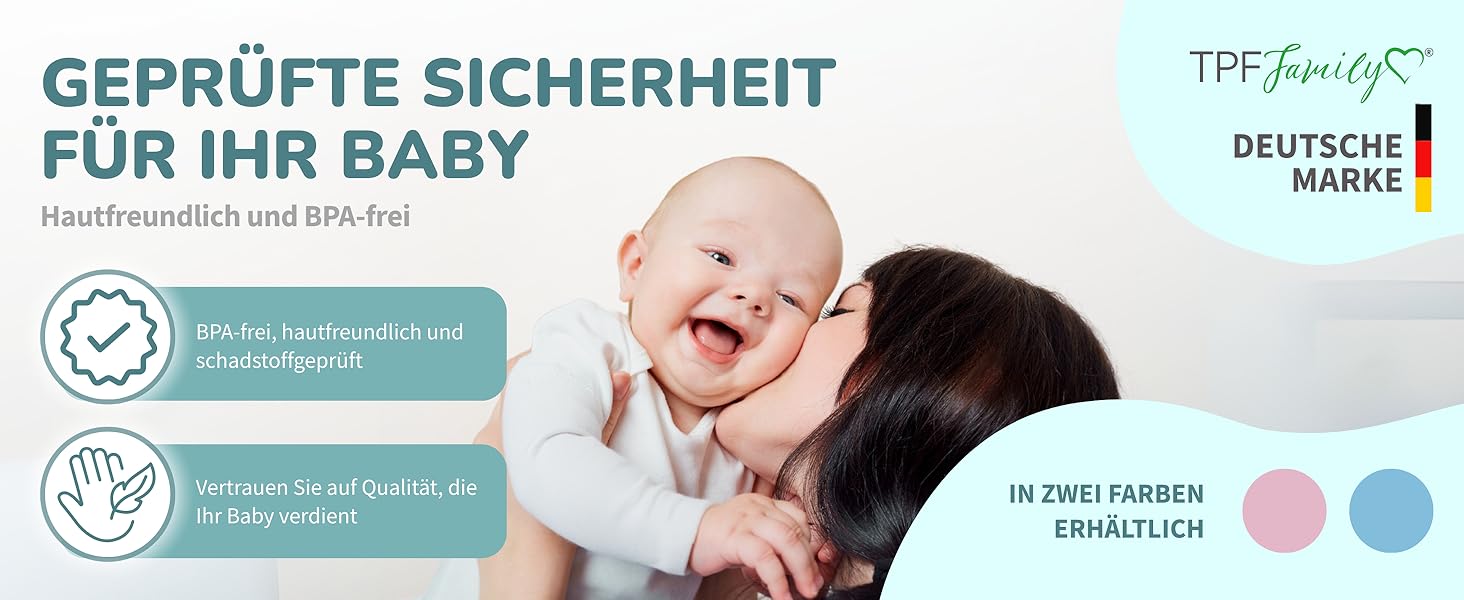 Der Text lautet „GEPRÜFTE SICHERHEIT FÜR IHR BABY“. Bilder mit der Produktsicherheitszertifizierung mit deutschem Text und Häkchen, die auf Wasserbeständigkeit und Maschinenwaschbarkeit hinweisen.