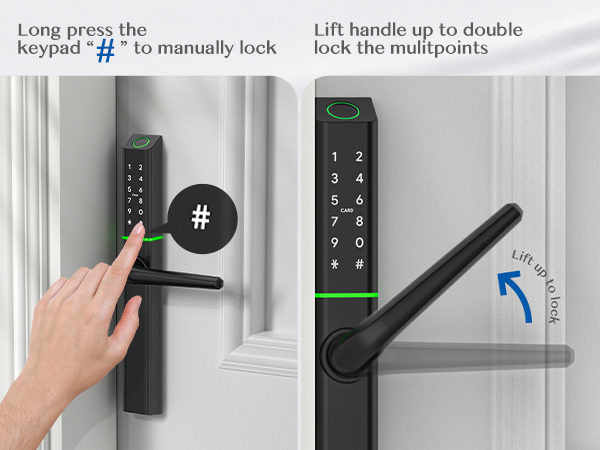 Smart door lock with keypad and handle. Left image shows manual locking by pressing '#', right image demonstrates lifting handle to engage multi-point locking system.