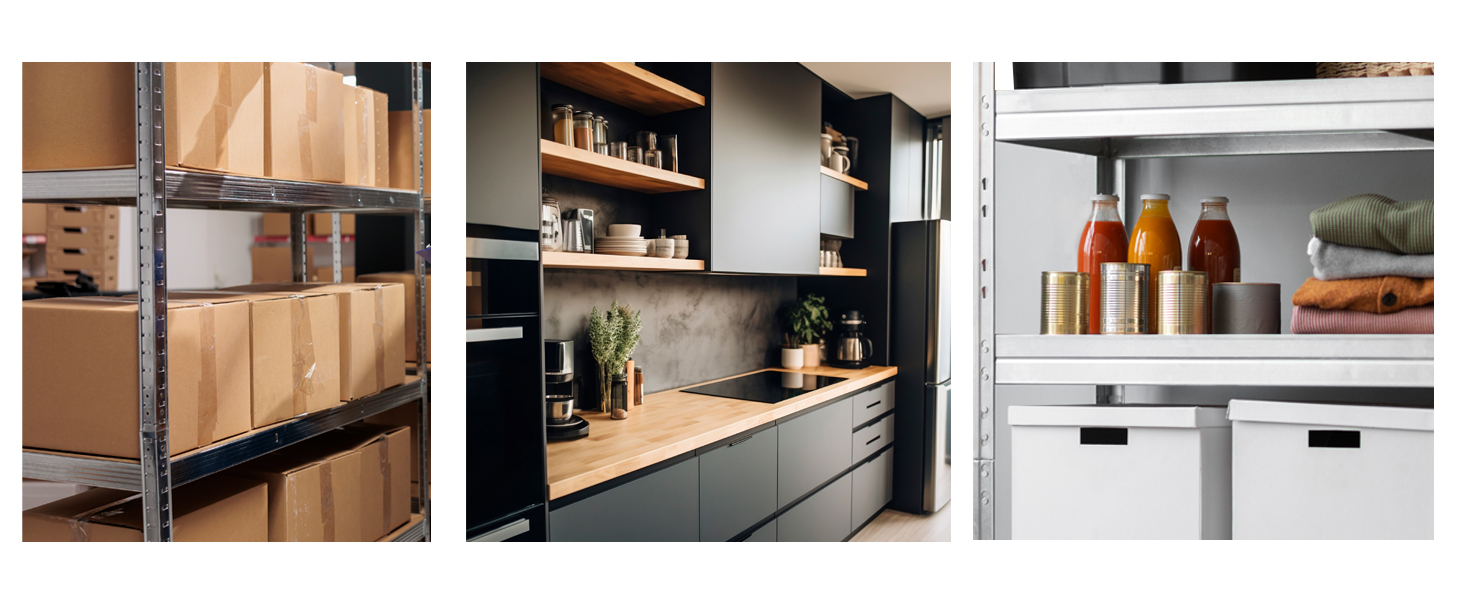 Imagen de tres paneles que muestra estantes de almacenamiento con cajas, modernos gabinetes de cocina negros y el interior de un refrigerador con