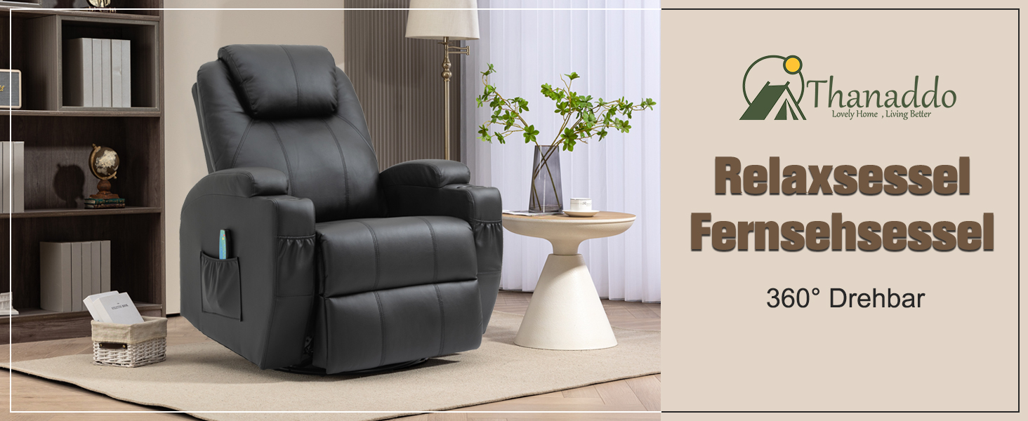 Schwarzer Ledersessel im Wohnzimmer. Das Schild weist auf eine 360&deg;-Drehbar (360&deg; drehbar) hin.