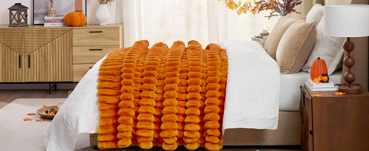 Cozy Bliss Faux Fur Throw Blanket for Couch, Cozy Warm Plush Striped Blanket for Sofa Bedroom