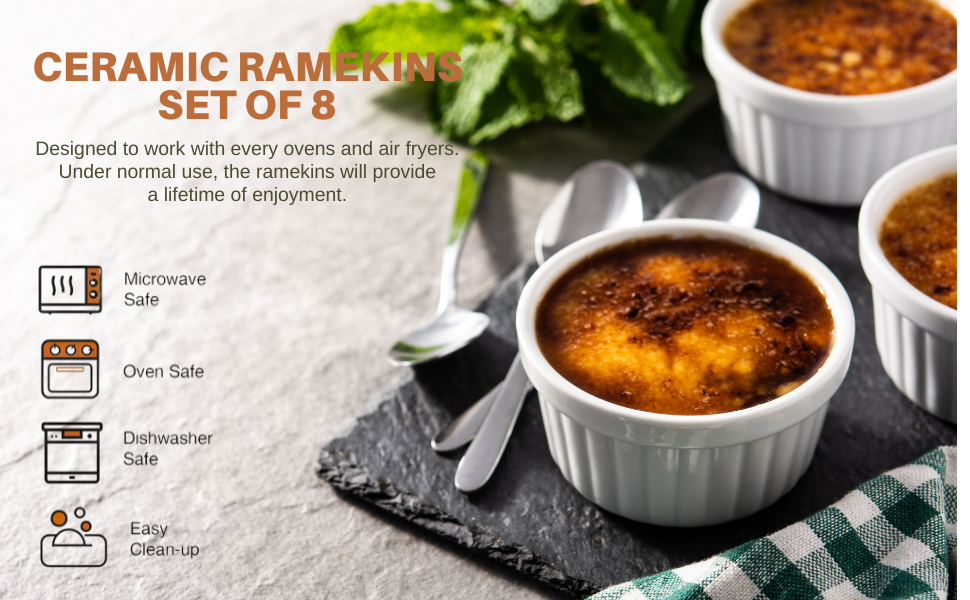 Ramekins 8 oz Oven Safe,Set of 8, Elegant Classic Style