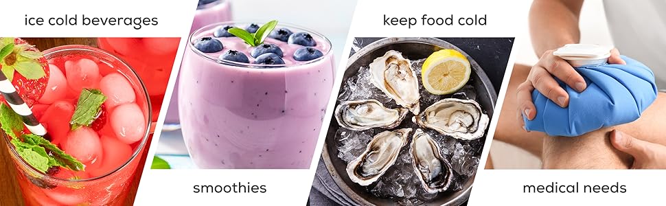 ice cold beverages, smoothies, keep food cold