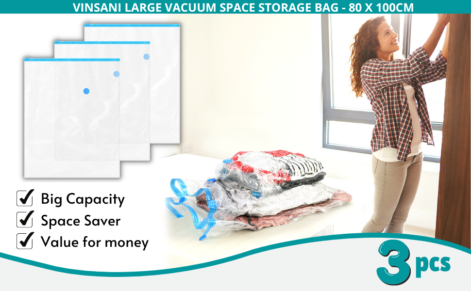Vinsani Set of 3 Large Jumbo Vacuum Storage Space Saving Bag Transparent Maximum Compression