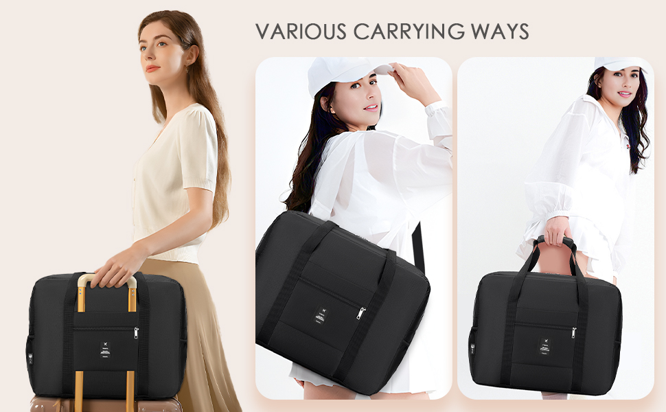 Sac de voyage noir présenté dans trois positions de transport, avec des détails de garniture en cuir et de multiples compartiments pour une utilisation polyvalente.