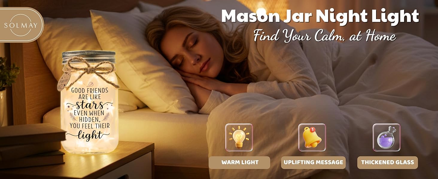 mason jar night light on bedside table with warm glow, calming home décor for bedroom