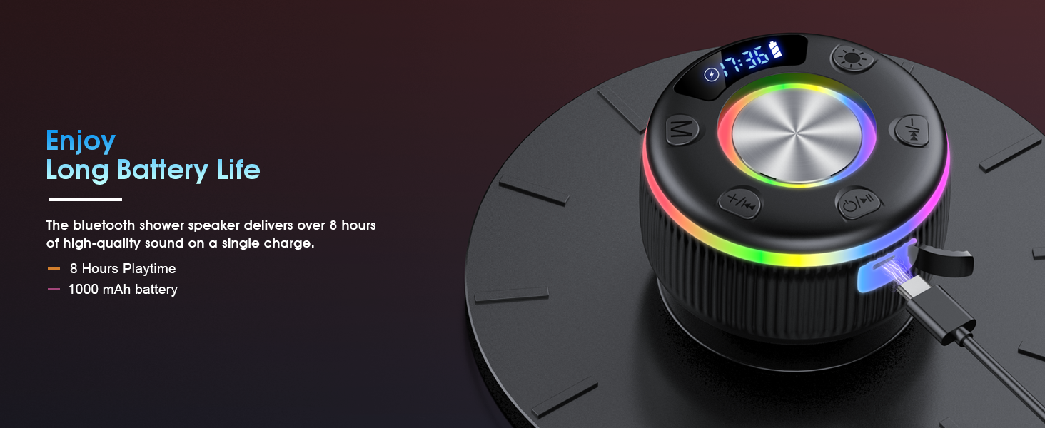 Text reads 'Enjoy Long Battery Life'. Black circular device with RGB lighting ring and control dial interface shown against dark background.