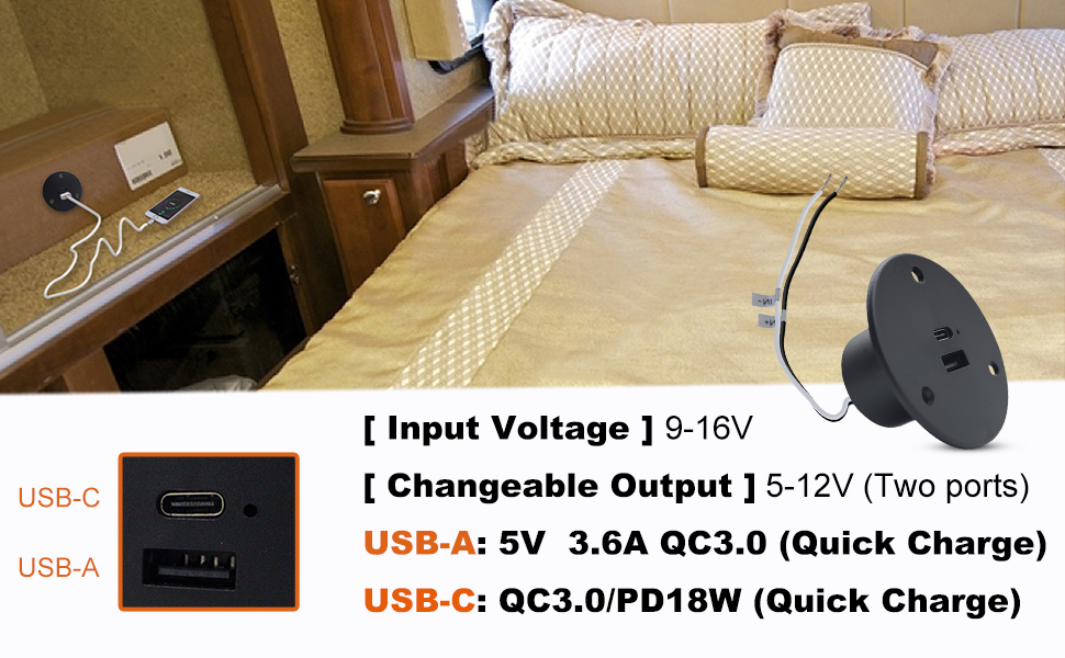 Facon 12V RV USB Charger Socket, QC3.0 Quick Charger USB