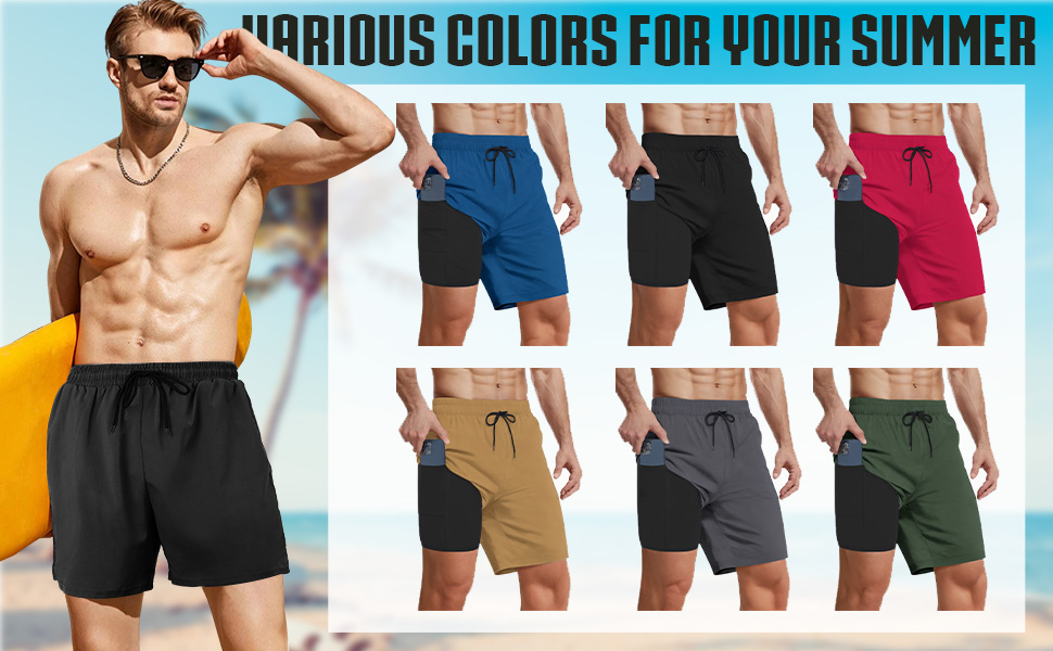 Mens Swim Trunks Compression Liner 7 Inch Inseam Shorts Swimming Bathing Suit Board Pockets Swimwear