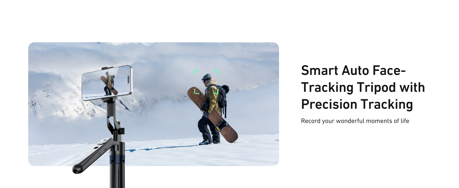 Text reads 'Smart Auto Face-', 'Tracking Tripod with Precision Tracking'. Three product photos showing tripod mounting mechanism in snowy outdoor setting.