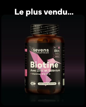 Flacon brun de supplément de biotine Sevens Nutrition contenant du zinc et du sélénium. L'étiquette indique 120 comprimés. Le texte ci-dessus se lit comme suit : « Le plus vendu... » en français