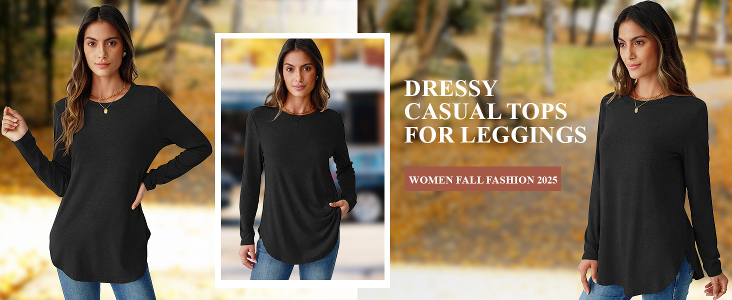 Black Long Sleeve Shirt Women Dressy Loose Fit Round Neck Side Split