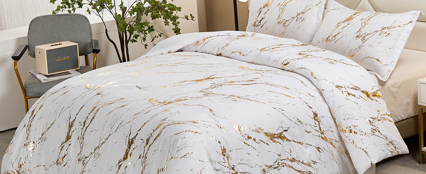 Brown Gold Metallic Marble Comforter Set King Foil Print