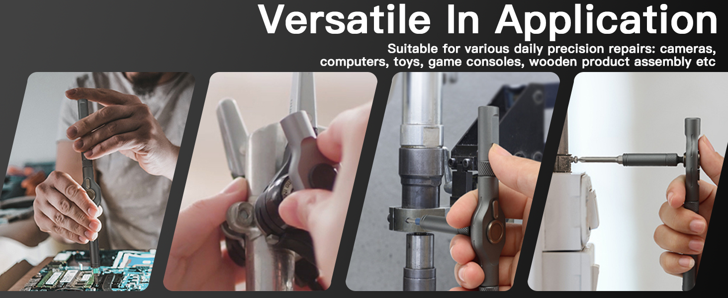 Collage shows a multipurpose screwdriver in use: repairing electronics, tightening small screws, adjusting appliances and assembling furniture. Demonstrates versatile functionality across a variety of applications.