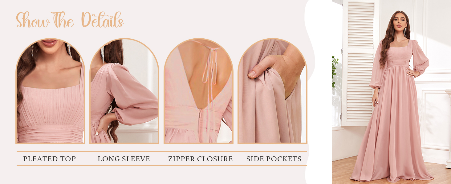 HYY Women's Long Sleeve Bridesmaid Dress with Pockets