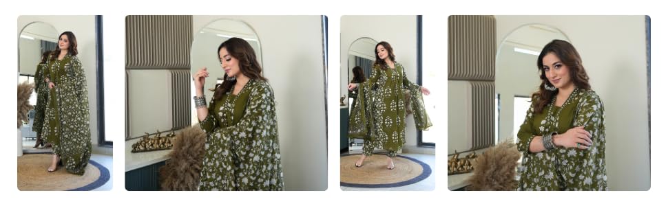 Arayna Women's Pure Cotton Block Printed Ethnic Wear Kurta Set with Palazzo Pants & Dupatta