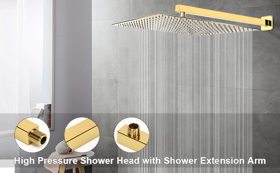 HarJue Shower Head with Extension Arm, High Pressure Square Shower Head