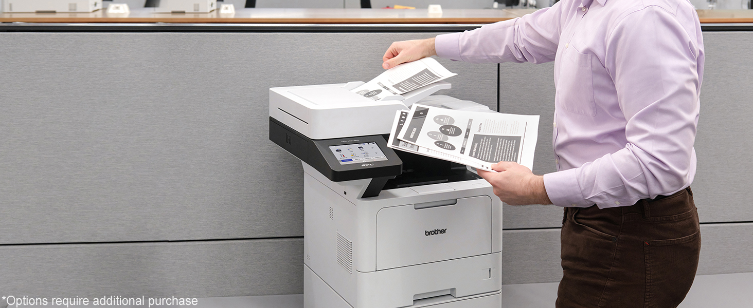 Brother MFCL5915DW business laser all-in-one printer shown with optional lower paper tray installed