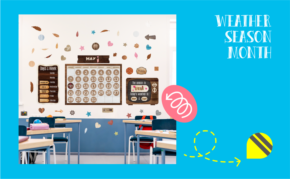 124PCS Calendar Bulletin Board Cutouts, Season/Weather/Holiday/Month/Week Bulletin Board Decors Industrial Chic Style Wall Decor for School Classroom Home Teachers Students 12 1