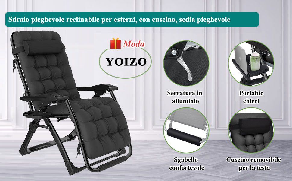 YOIZO in nero, con icone dettagliate che mostrano il telaio in alluminio