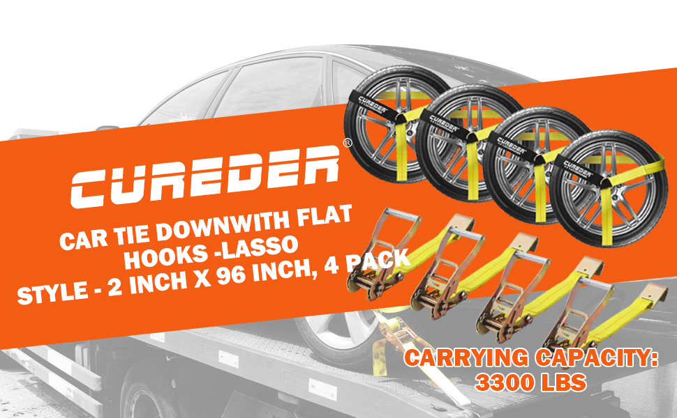 Cureder Car Tie Down Straps 4 Pack 2'' X 96'' Vehicle Tie