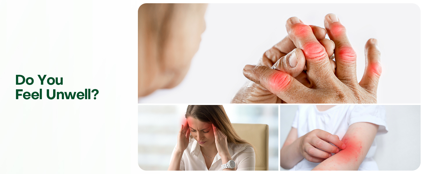 Collage of images showing pain symptoms: hand with inflamed joints, person with headache, and close-up of body part with red inflammation indicator.