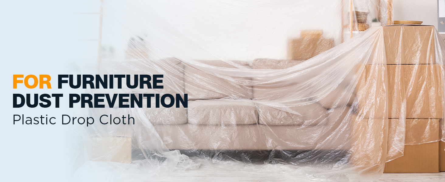 Heavy-duty plastic dust sheets + tarps = full paint project protection.