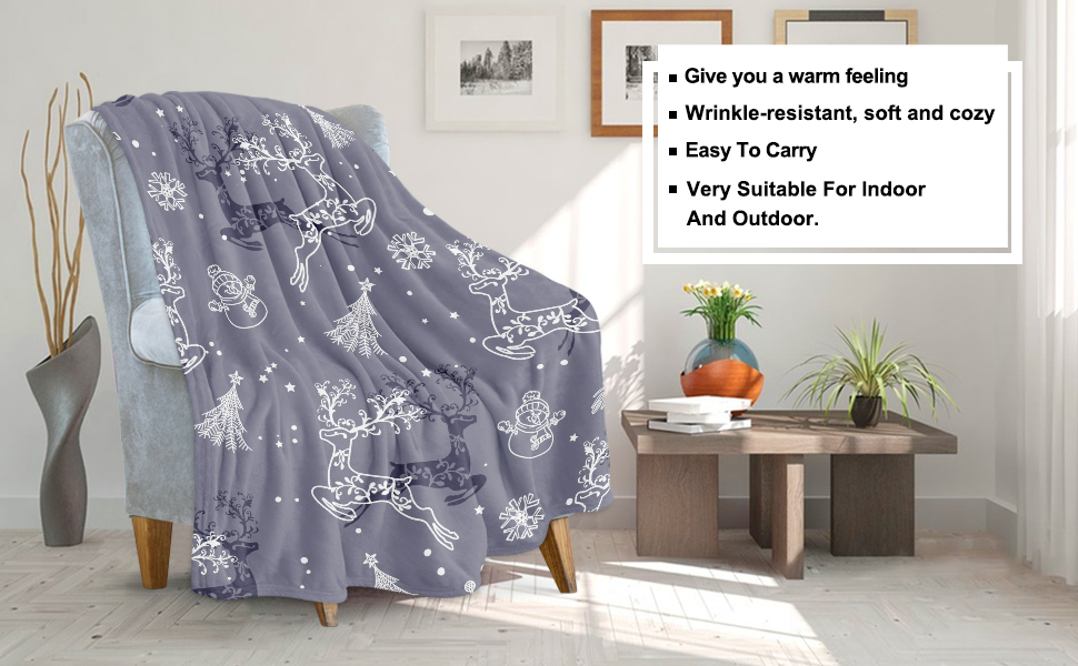 Grey Christmas Blanket, Super Soft Christmas Elk Snowman