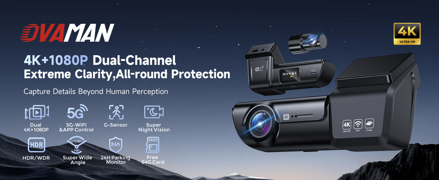4K+1080P Dual-Channel Dash Cam Front and Rear