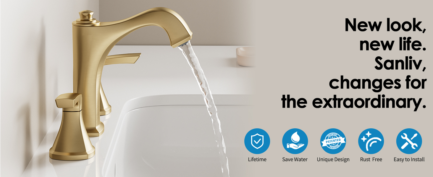 Brushed Gold Bathroom Sink Faucets, Two Handle Vanity Faucet 3 Holes with Drain Assembly