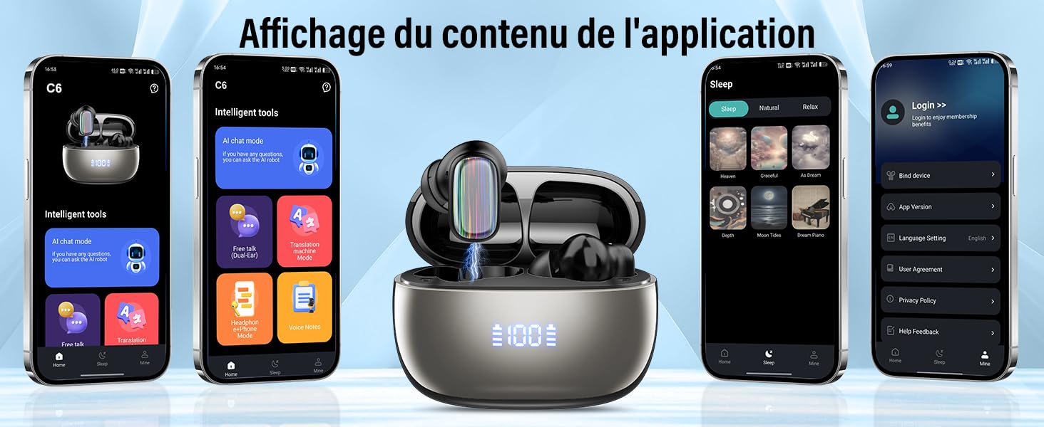 Captures d'écran de l'interface de plusieurs applications pour smartphone montrant une interface de lecteur de musique ou audio à thème sombre, ainsi que des écouteurs sans fil dans un étui de chargement avec