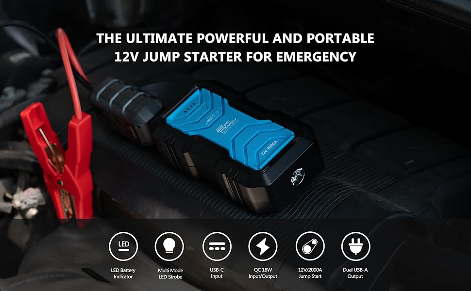 Portable Jump Starter 2000A Car Battery Jumper 12V Battery Jumper