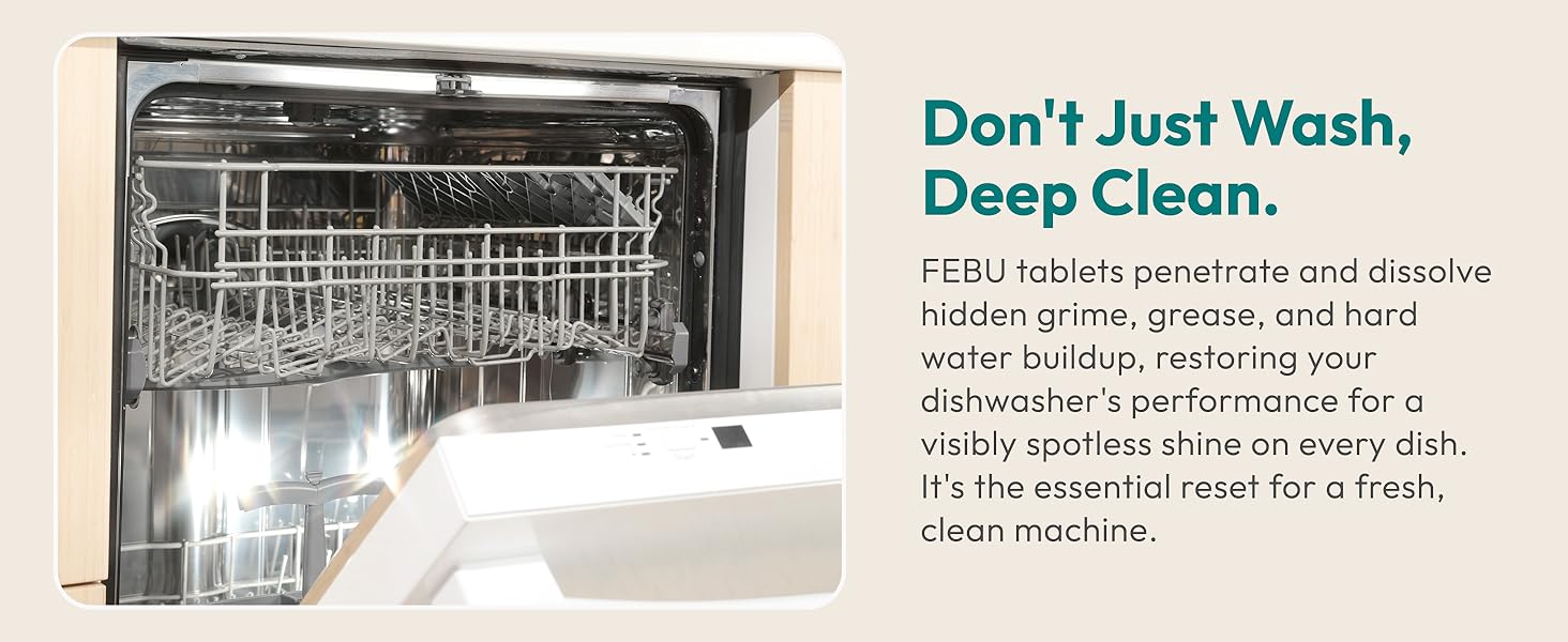 Deep cleaning dishwasher tablets. Remove hidden grime, grease and hard water buildup