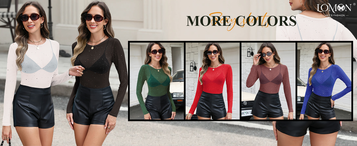 LOMON Womens Mesh Tops Lace Shirts Sexy See Through Blouses Tee Party Club Night