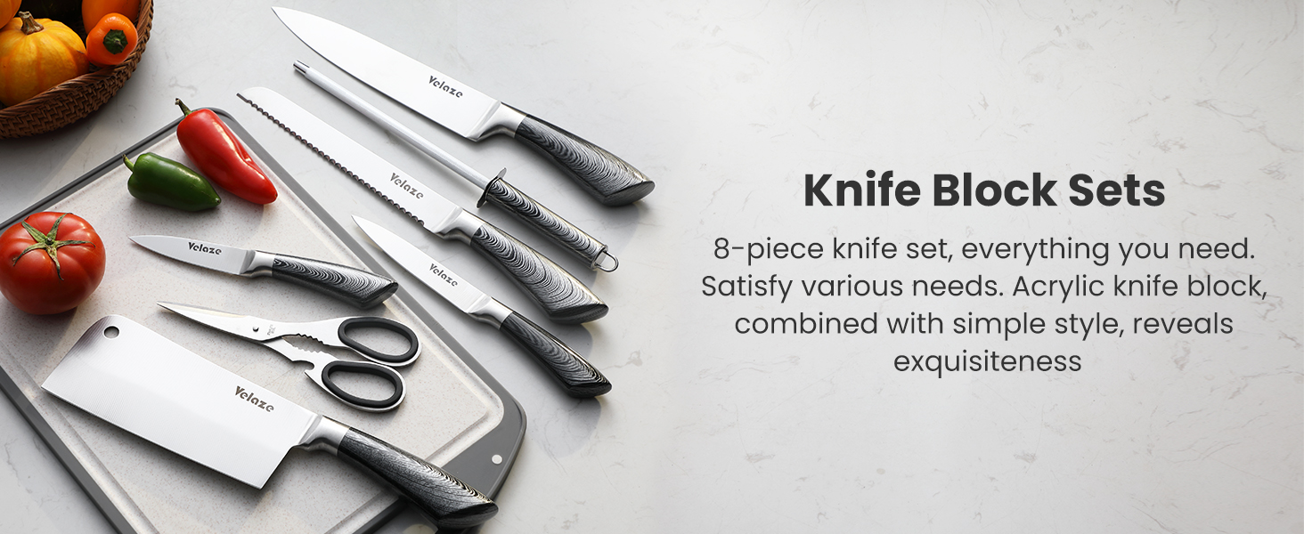 Velaze Knife Block Sets, 8Piece Stainless Steel Kitchen Set Silver