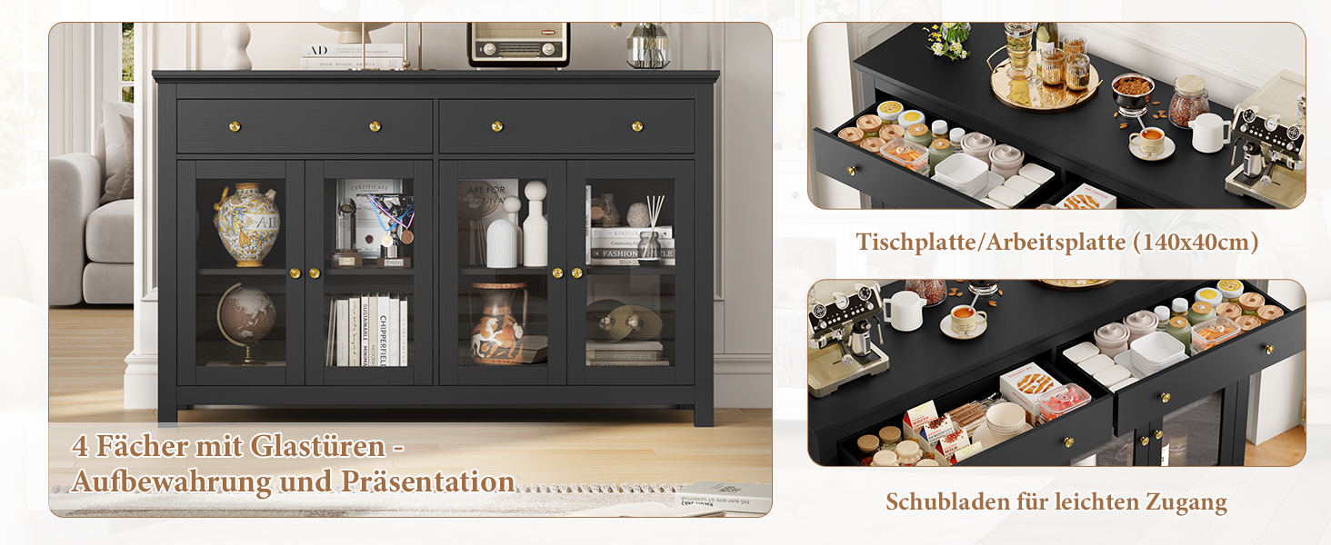 Dunkelgraues Sideboard mit Glastüren und Schubladen. Vier Fächer bieten Platz für Dekorationsgegenstände. Oben rechts ist auf einer schwarzen Oberfläche ein organisiertes Buffet mit verschiedenen Gerichten und Servierartikeln zu sehen.