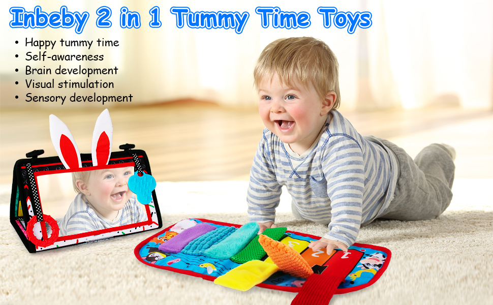 Inbeby Tummy Time Baby Mirror Toys, Black and White High Contrast Tabletop Mount Baby Newborn Toys 0 3 6 Months Brain Development, Sensory Texture Piano Infant Toys 0 3 6 Months with Squeaker 13 tummy time toys baby mirror