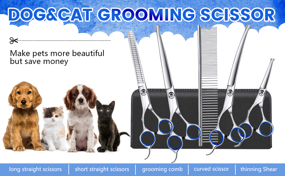 Dog Grooming Scissors,6 in 1 Dog & Cat Grooming Kit,4CR Stainless Steel Dog Scissors for