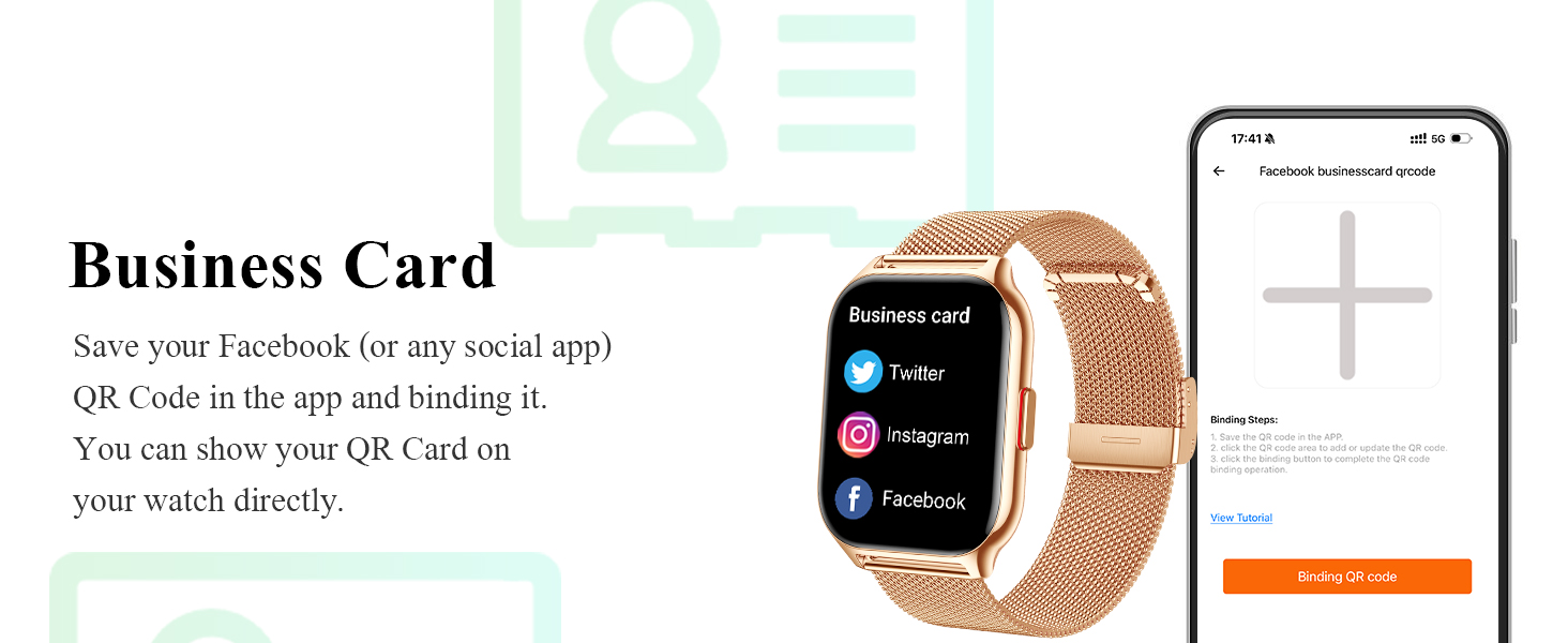Business card setup display showing smartwatch with rose gold mesh band alongside mobile phone QR code scanning interface.