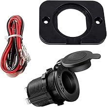 Automotive power outlet kit including black mounting plate, 12V socket with protective cap, and red/black wiring harness.